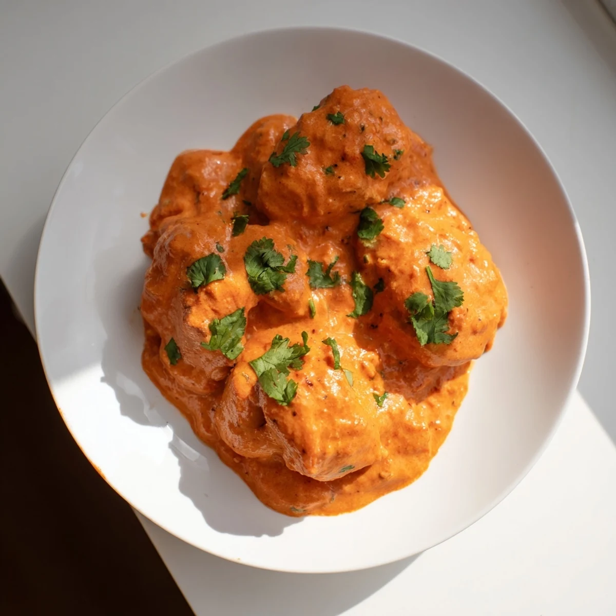 A steaming bowl of Chicken Tikka Masala, showcasing the tender chicken, ready to enjoy.
