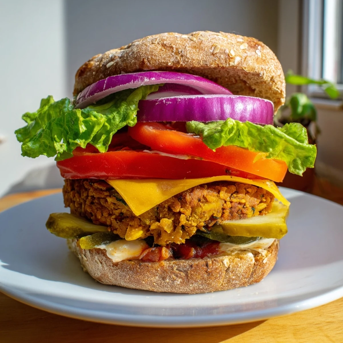 A satisfying veggie burger on a toasted bun, layered with fresh toppings, ready to eat.