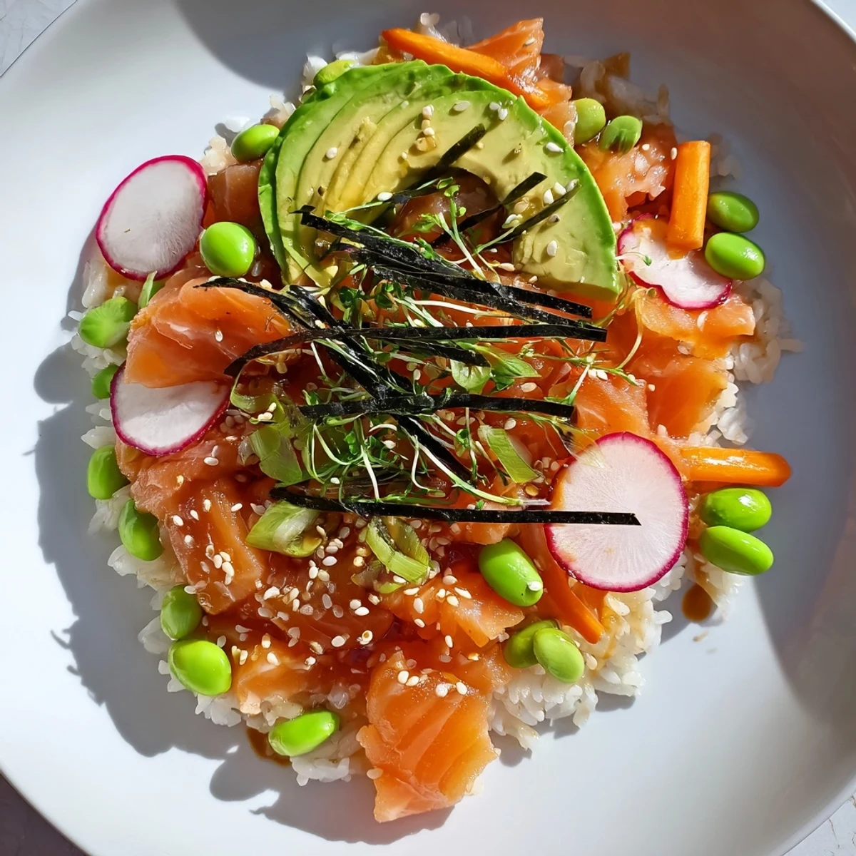 Freshly made poke bowl, featuring glistening tuna with colorful vegetables and creamy avocado.