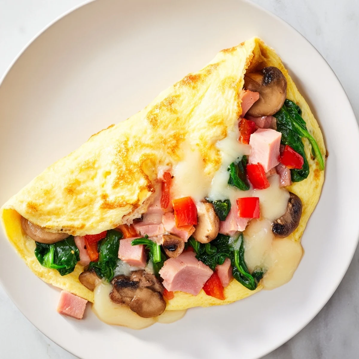 Golden, fluffy omelet with cheese, perfectly folded and ready for a savory breakfast.