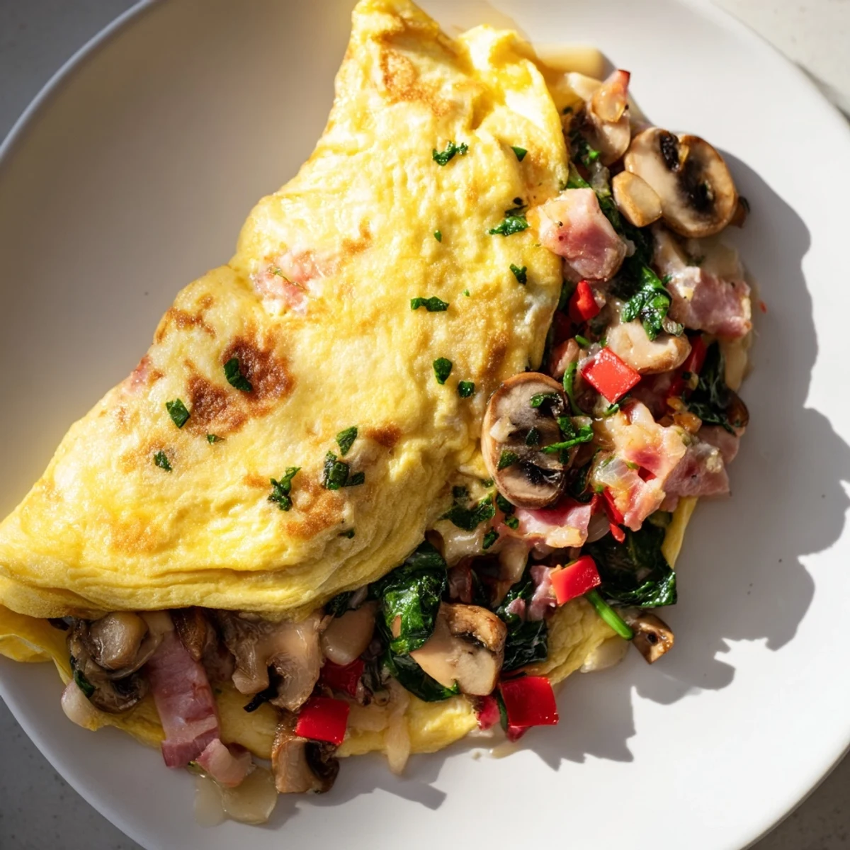 A close-up of a warm omelet with cheese, featuring melted, gooey cheese in every bite.
