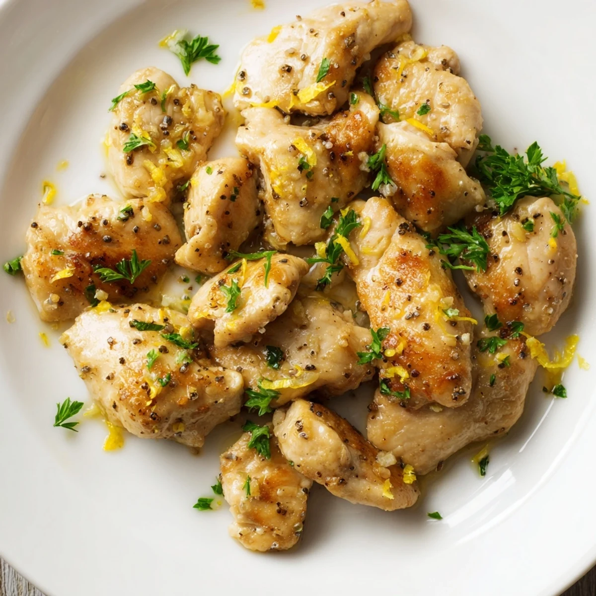 Juicy lemon pepper chicken, a flavorful main dish garnished with fresh parsley and lemon wedges.