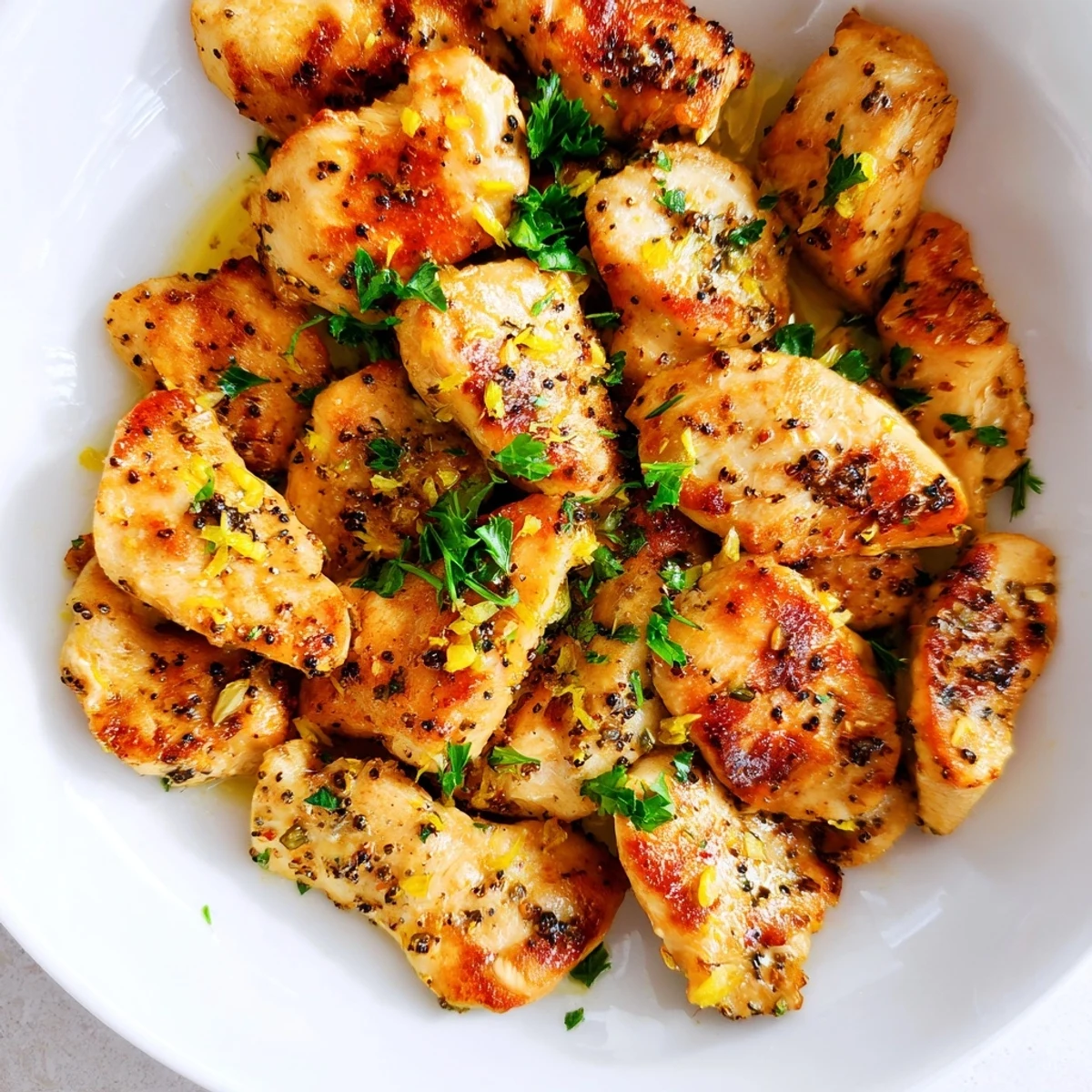 Tempting skillet of lemon pepper chicken, sizzling with zesty flavors and herbs, perfect for dinner.
