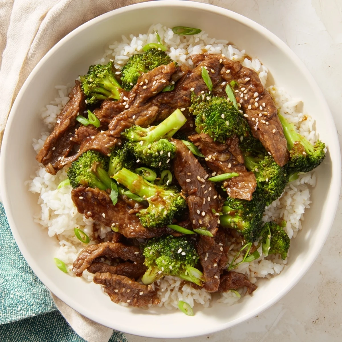Tender beef and broccoli stir-fry glistening with savory sauce, ready for serving over rice.