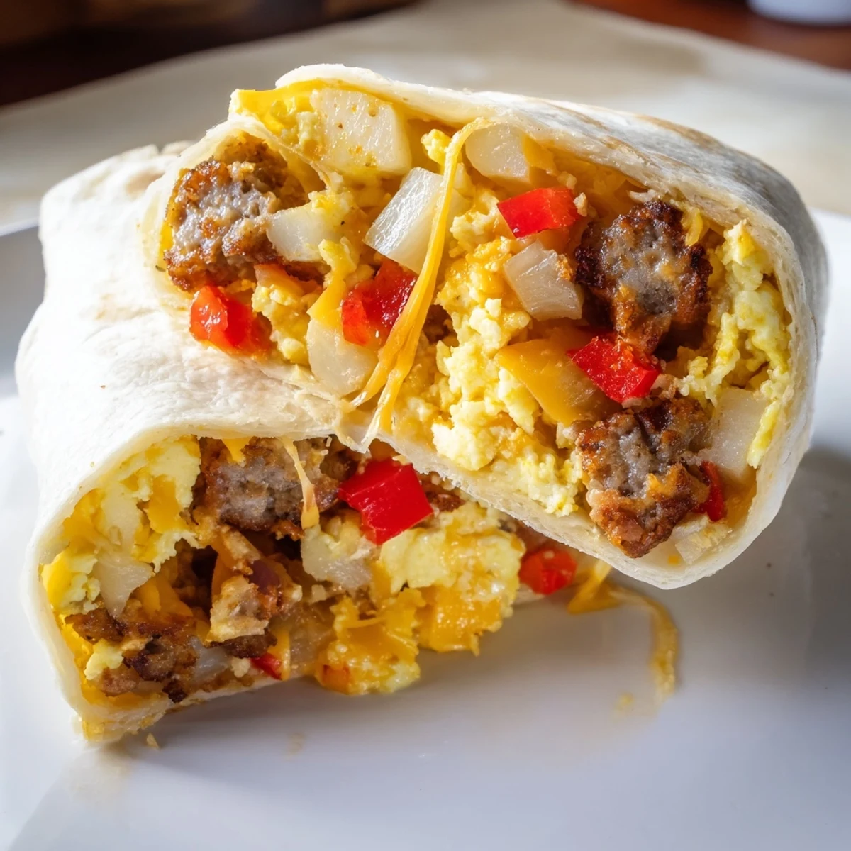 Breakfast burrito, a golden tortilla filled with scrambled eggs, cheese, and crispy bacon.