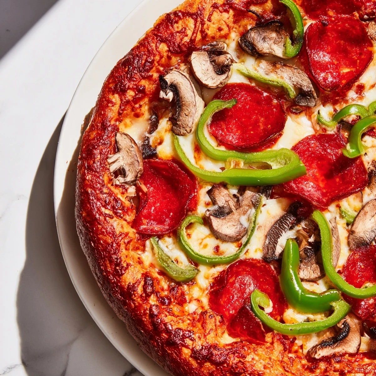 A bubbling, golden Stuffed Crust Pizza with melted cheese and fresh vegetable toppings.