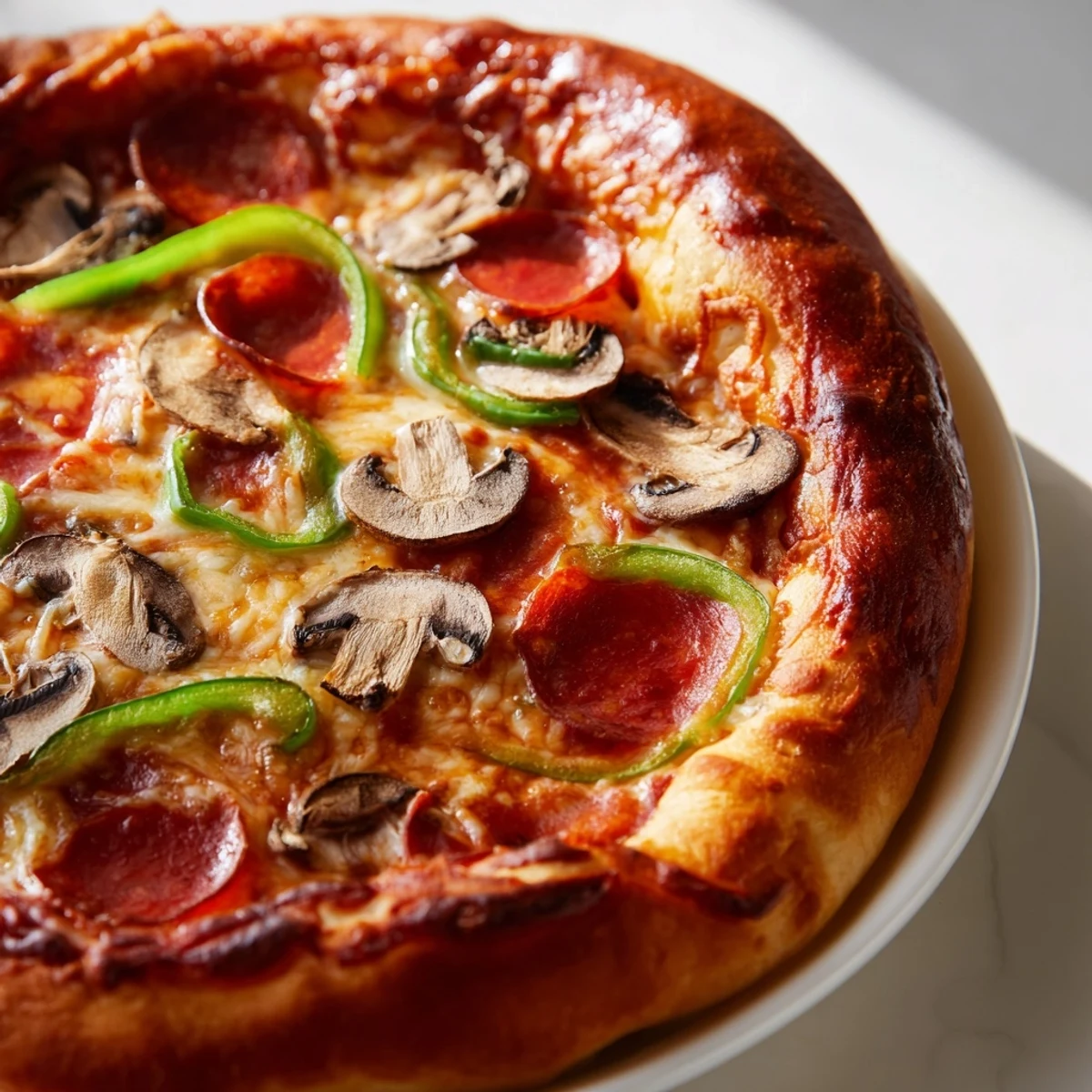 Close-up of a steaming Stuffed Crust Pizza freshly baked with pepperoni and mozzarella.