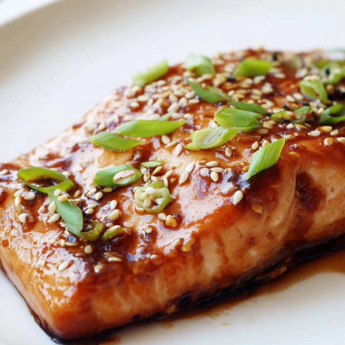 Close-up of flaky Honey Garlic Salmon, coated in a sticky, sweet sauce, perfect for a quick dinner.