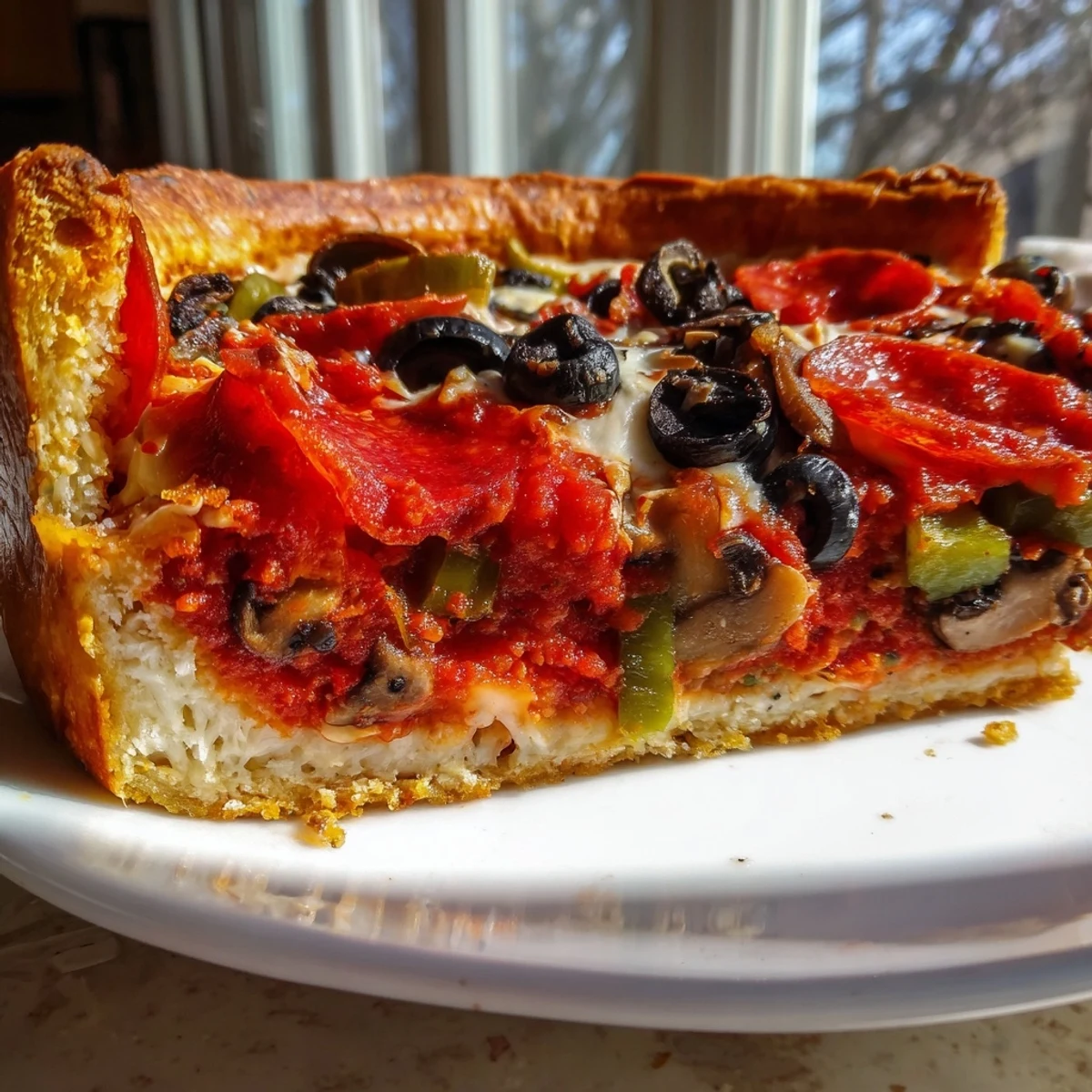 Golden-crusted Deep Dish Pizza boasts melted cheese and savory tomato sauce, ready to slice and enjoy.