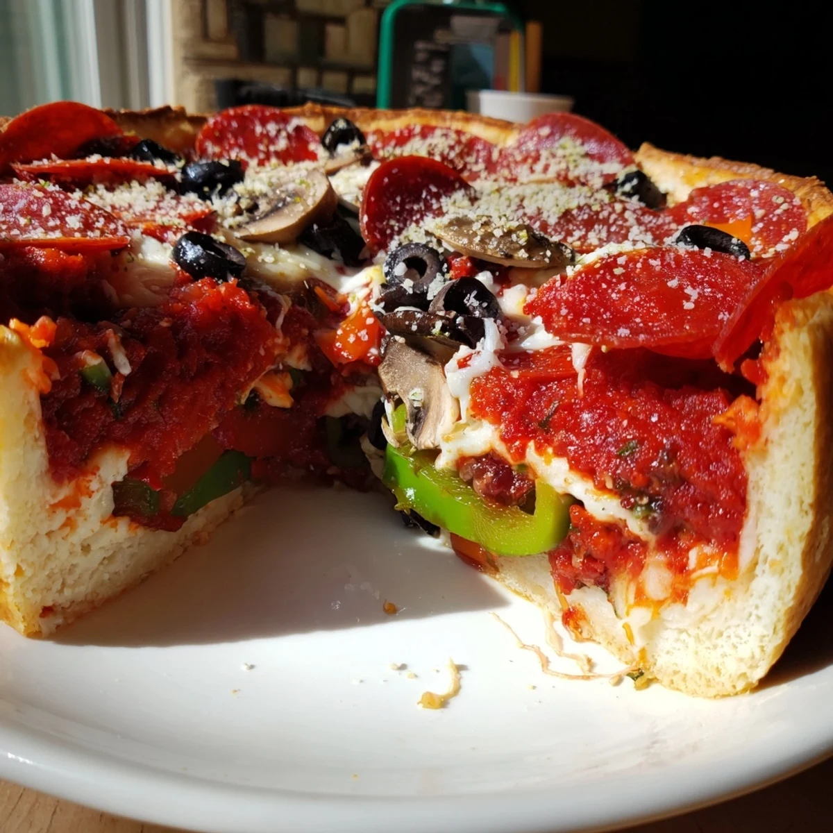 A steaming-hot Deep Dish Pizza, piled with toppings, smells delicious and is perfect for sharing.