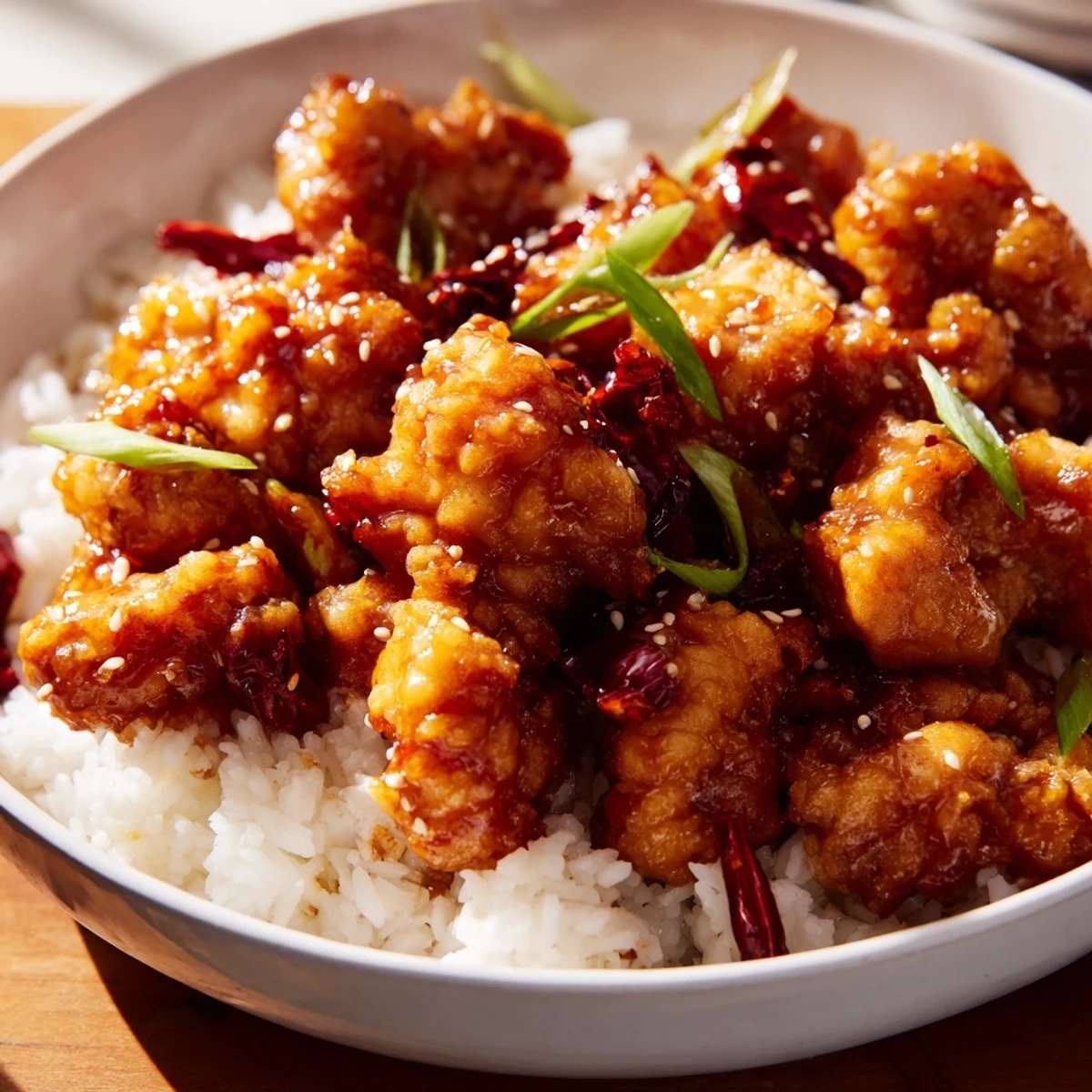 Golden-brown General Tso's Chicken, coated in a glistening sauce, ready to serve over fluffy white rice.