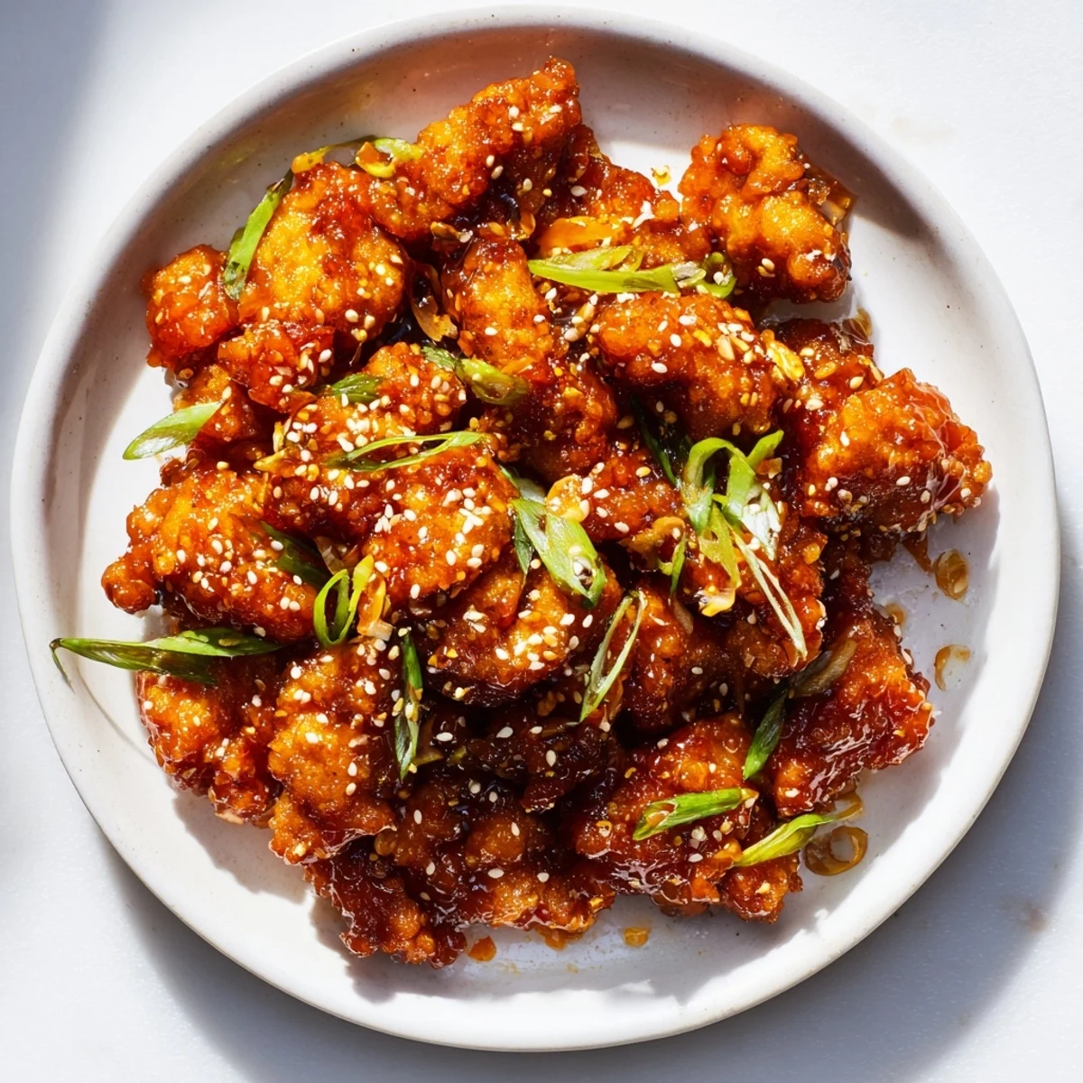 Golden, crispy orange chicken pieces glistening in a sweet and tangy homemade sauce.