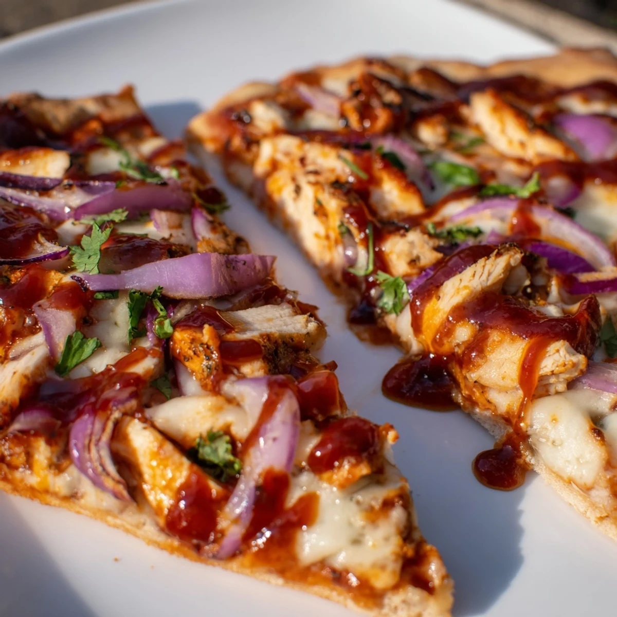 Savory Chicken BBQ Pizza on a plate, with a crispy crust, barbecue sauce, and tender chicken.