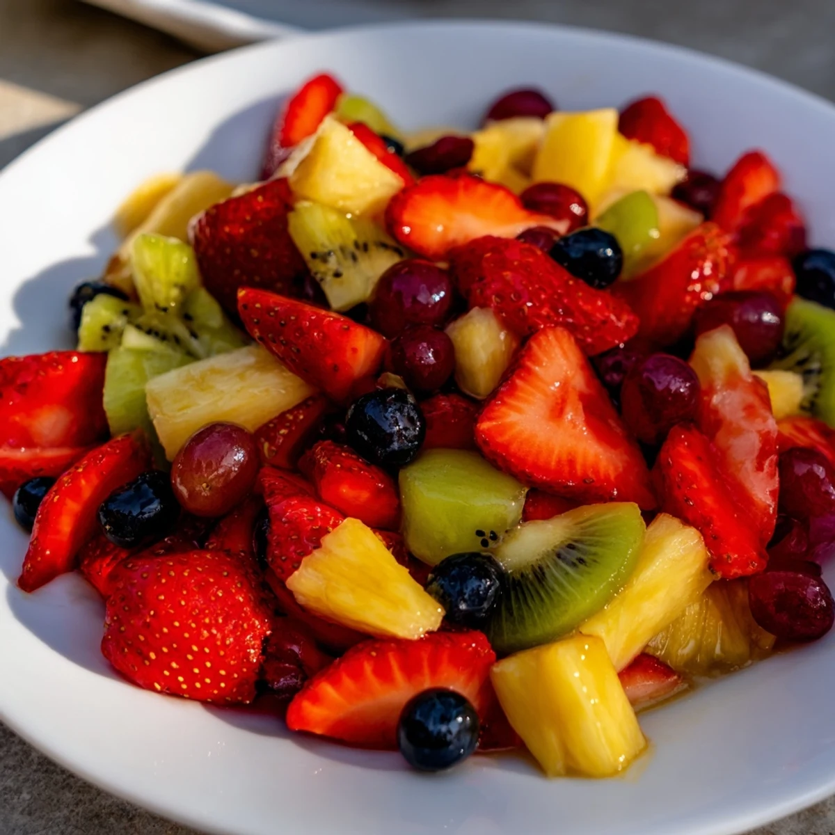 Vibrant fruit salad, a colorful mix of berries and pineapple, glistening with citrus syrup.
