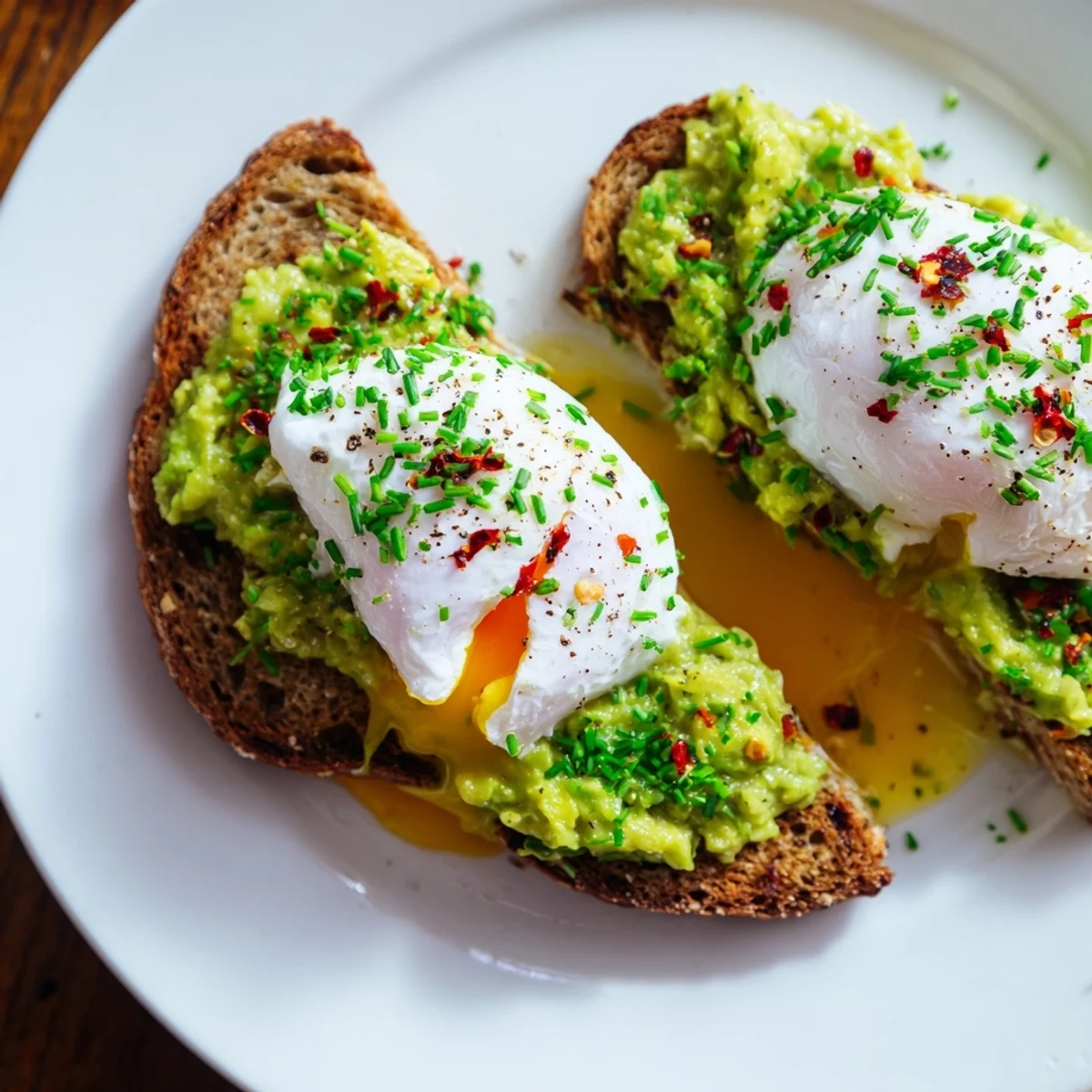 Freshly made Avocado Toast, featuring vibrant green avocado, a sprinkle of herbs and a perfectly cooked egg.