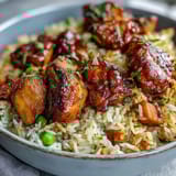 A close-up of the One-Pan Bold Honey BBQ Chicken Rice reveals glazed chicken thighs, fluffy grains, and colorful bell peppers and peas. The glossy, bold sauce looks delicious and sticky.