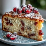 A slice of moist Cranberry Orange Breakfast Cake on a plate reveals a tender crumb studded with tart cranberries and citrusy zest. 