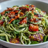 Wholesome spiralized vegetable bowl featuring colorful zucchini, sweet potato, and cherry tomatoes, garnished with sesame seeds and fresh herbs.  
