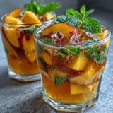 Vibrant Mango Peach Sangria with fresh mango, ripe peach slices, and citrus in a clear pitcher, ready for summer gatherings.