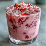 Sweet-tart pink starburst-inspired drink blending strawberry acai juice, coconut milk, and lemonade for a cooling treat.