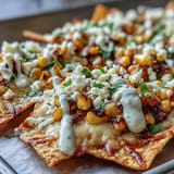 Loaded Elote Nachos with smoky chipotle crema, a perfect party appetizer.