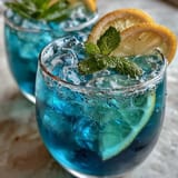 Beautiful butterfly pea flower lemonade, a magical color-changing drink poured.