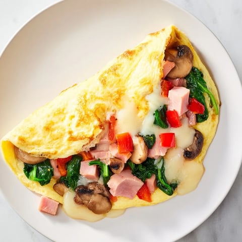 Golden, fluffy omelet with cheese, perfectly folded and ready for a savory breakfast.