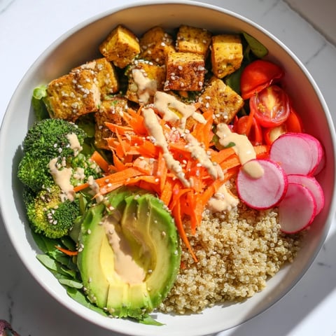 A colorful Buddha Bowl filled with quinoa, roasted tofu, and fresh, vibrant vegetables.