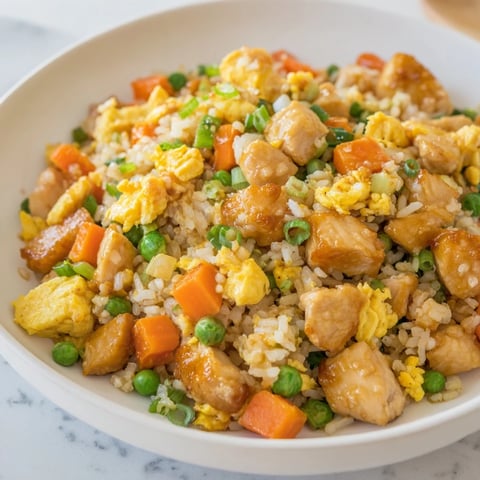 Golden chicken fried rice with fluffy eggs and vibrant vegetables, ready to eat.