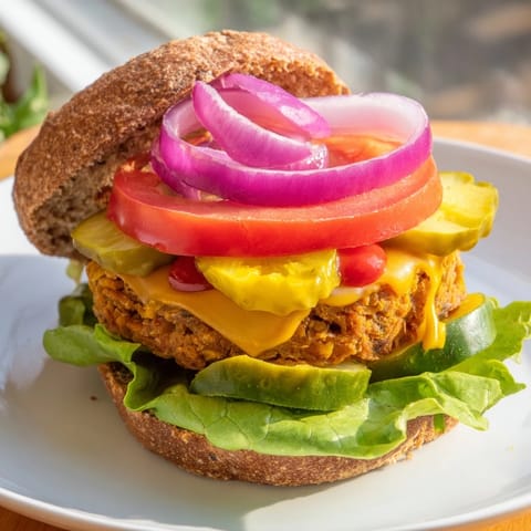 Golden-brown veggie burger patty, alongside cheese, sliced tomatoes, and crisp lettuce.