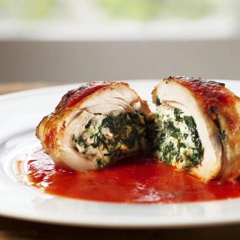 Sliced Spinach Ricotta Stuffed Chicken revealing a creamy, vibrant green spinach and ricotta filling on a rustic wooden serving platter.