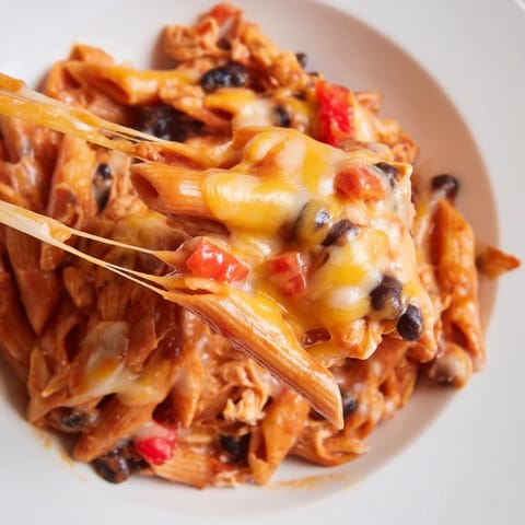Penne pasta tossed with shredded chicken, black beans, and red enchilada sauce in a cozy skillet.