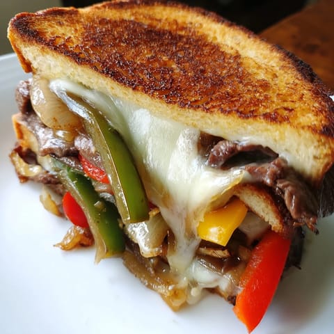 This Philly cheesesteak grilled cheese features juicy steak strips and caramelized veggies tucked between crispy, golden-brown bread for a comforting, savory bite.