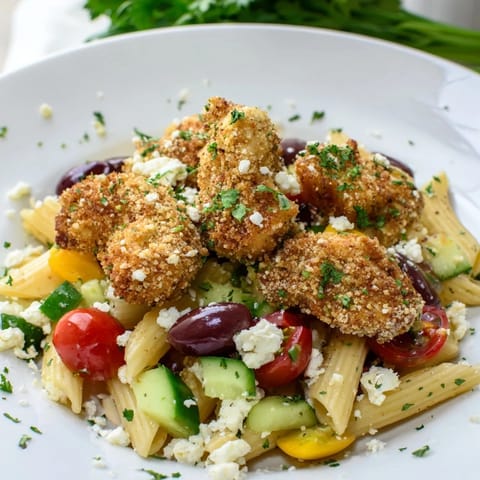 Crispy Chicken Greek Pasta features golden-brown breaded chicken pieces tossed with al dente penne and a colorful Greek salad medley.