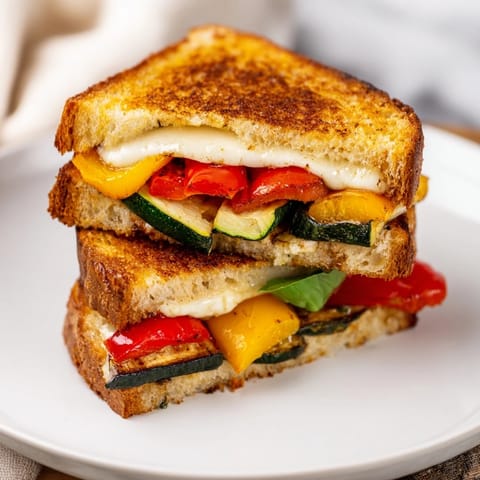 A close-up of golden Roasted Veggie Caprese Grilled Cheese with roasted zucchini and peppers.
