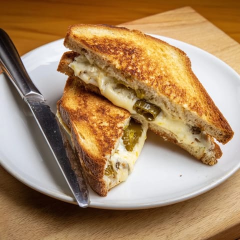 A perfectly grilled Jalapeño Pepper Jack Grilled Cheese sandwich sits beside a small bowl of creamy tomato soup.
