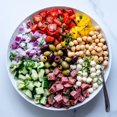 Vibrant bowl of Crunchy Antipasto Chopped Salad with chickpeas, salami, and mozzarella tossed in zesty dressing.