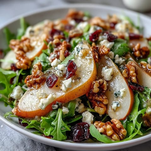 Served on a white ceramic platter, this refreshing Pear Gorgonzola Salad features juicy pear slices, creamy blue cheese crumbles, and crunchy walnuts for a perfect texture contrast.