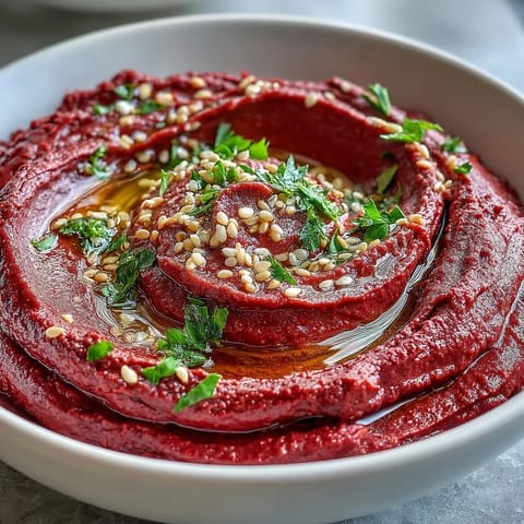 Vibrant roasted beet hummus in a bowl, drizzled with olive oil and topped with fresh parsley, ready for dipping with crisp veggies.