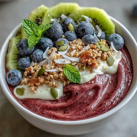 Vibrant Beet and Berry Smoothie Bowl topped with crunchy granola, fresh berries, and sliced kiwi for a nutritious breakfast.