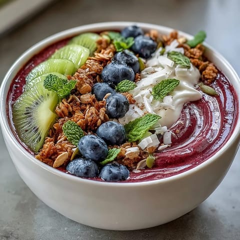 Thick, magenta-hued Beet and Berry Smoothie Bowl garnished with pumpkin seeds, coconut flakes, and mint leaves on a wooden table.