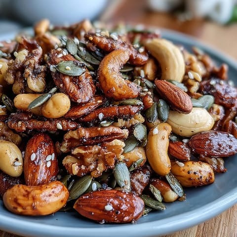 Golden spiced nuts and seeds mix, fragrantly toasted, perfect for healthy snacking.
