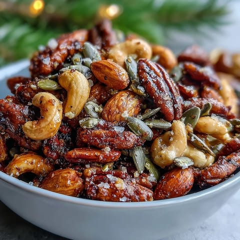 A hearty bowl of warm spiced nuts and seeds, ready to top salads!