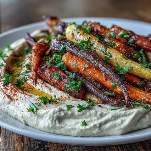 Vibrant rainbow carrots roasted to caramelized perfection, served with creamy tahini hummus for a colorful, healthy vegan appetizer.  
