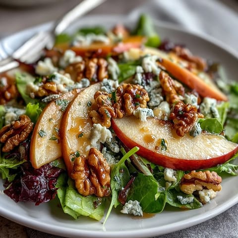 Fresh slices of crisp apple and chopped walnuts tossed in a tangy vinaigrette on a bed of mixed greens for this Apple and Walnut Salad.