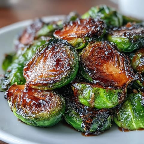 Golden-brown Brussels sprouts roasted to perfection, drizzled with tangy balsamic glaze on a rustic serving platter.
