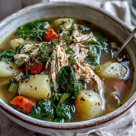 A hearty bowl of Collard Greens, Chicken and Vegetable Soup, showcasing tender shredded chicken, diced potatoes, and vibrant greens in a clear broth.