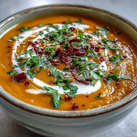 A steaming bowl of Carrot, Celeriac and Chilli Soup garnished with fresh cilantro and a coconut yogurt swirl, served rustic style.