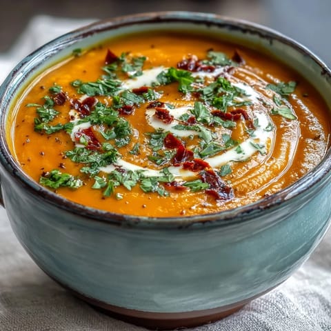 Vibrant orange Carrot, Celeriac and Chilli Soup in a white bowl, garnished with fresh herbs and a creamy yogurt swirl.