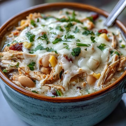 A comforting bowl of white chicken chili garnished with shredded cheese, sliced green onions, and a lime wedge on the side.  